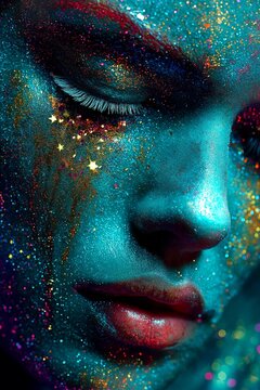 Cosmic Glitter Woman Portrait &ndash; Mystical Neon Beauty Close-Up