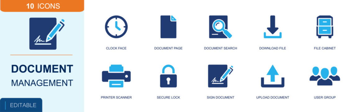Document management icon set. Containing clock, file page, document search, download file, file cabinet, printer scanner, secure lock, signature, upload and more. Solid fill vector icons.