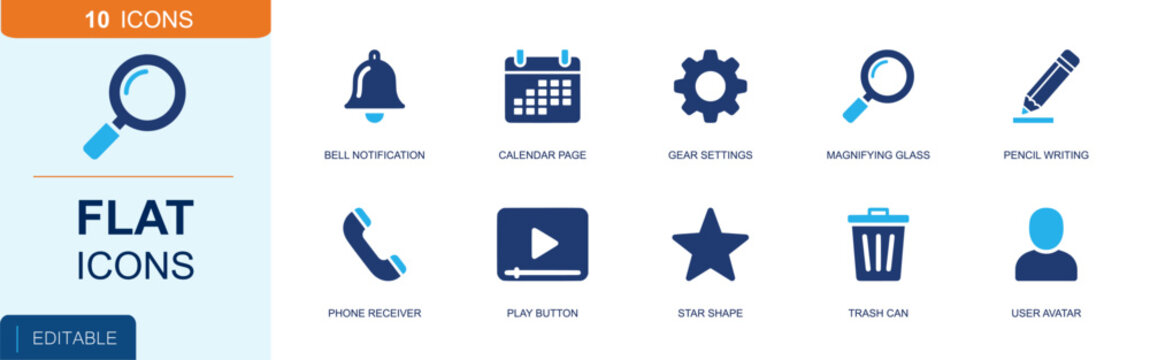 Flat UI icon set. Containing bell notification, calendar, gear settings, search tool, pencil, phone receiver, play button, trash can, user avatar and more. Solid fill vector icons.