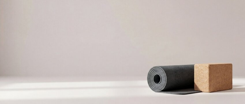 A black rolled yoga mat next to a natural cork yoga block on a light background.