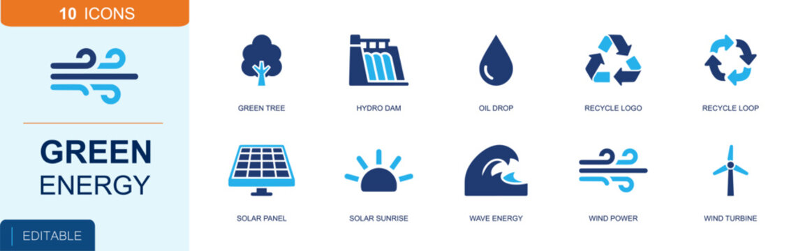 Green energy icon set. Containing green tree, hydro dam, oil drop, recycle logo, recycle loop, solar panel, wave energy, wind power, wind turbine and more. Solid fill vector icons.