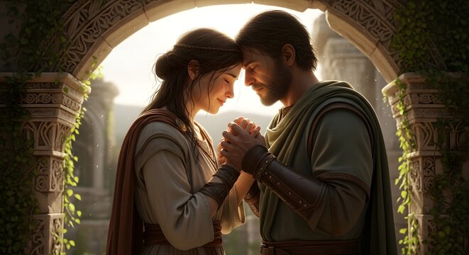Couple embracing forehead to forehead under stone archway with forehead touch holding hands stone architecture ancient ruins couple in love