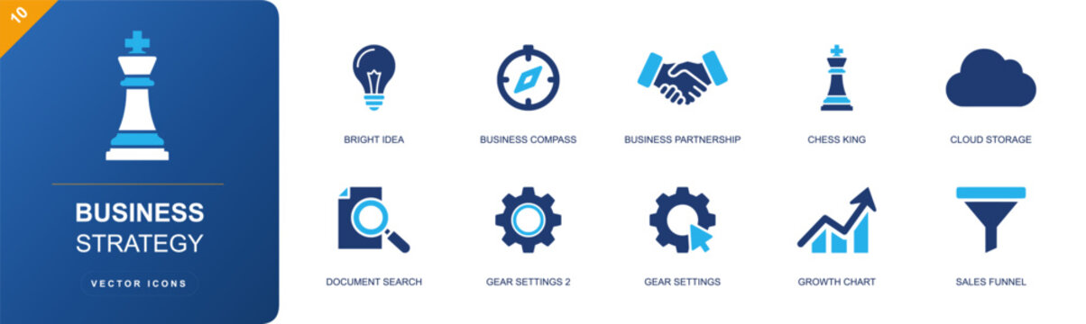 Business strategy icon set. Containing idea, compass, partnership, chess king, cloud storage, document search, settings, growth chart, sales funnel and more. Solid fill vector icons.