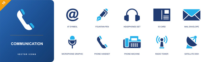 Communication icon set. Containing at symbol, fountain pen, headphones, ID card, mail envelope, microphone, phone handset, radio tower, satellite dish and more. Solid fill vector icons. © Anna