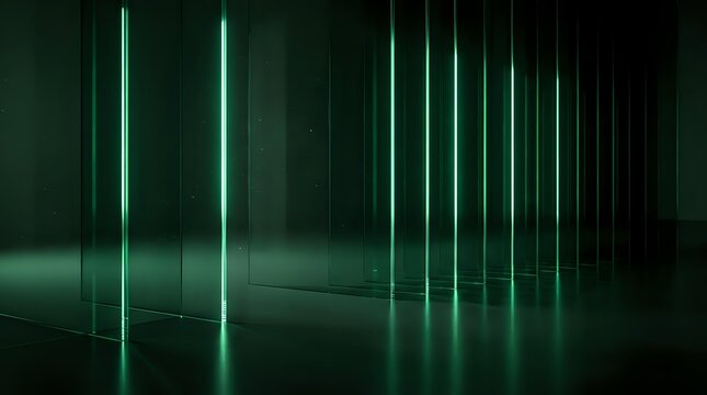 Dark futuristic room with glowing green neon vertical lines reflecting on glossy floor, creating a dramatic sci-fi atmosphere for backgrounds.