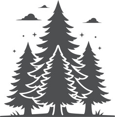 Obraz premium Dark pine trees silhouette with stars and clouds