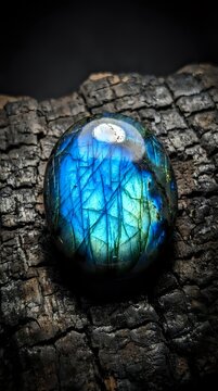 Polished labradorite gemstone with brilliant blue flash on weathered wood surface showcasing natural mineral beauty and iridescent properties for jewelry design.