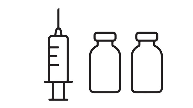 Syringe and medicine vial icon set with outline design for healthcare, pharmacy, and injection concepts