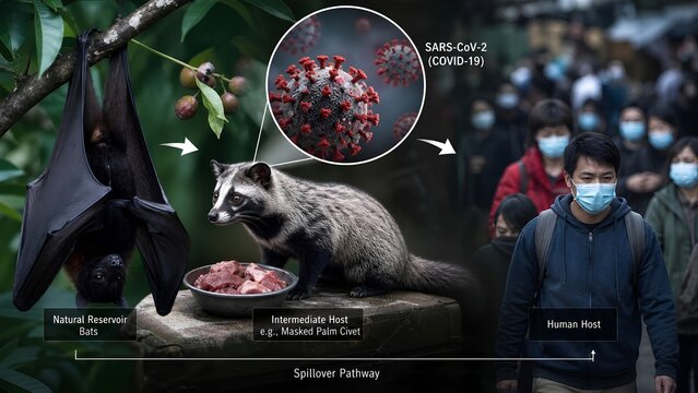 Palm civet animal beside bowl of wild game meat, with an inset magnified view of sars-cov-2 coronavirus particles, representing zoonotic spillover from bats to civets to humans