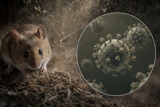 Deer mouse or rodent silhouette surrounded by magnified hantavirus particles, representing zoonotic disease transmission from rodents to humans, ideal for public health education