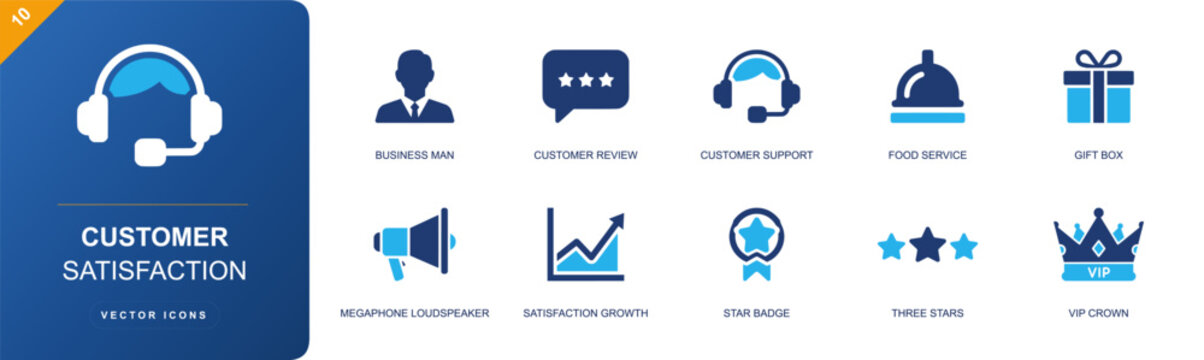 Customer satisfaction icon set. Containing review, support, service bell, gift box, audio megaphone, growth chart, star badge, three stars, VIP crown and more. Solid fill vector icons.
