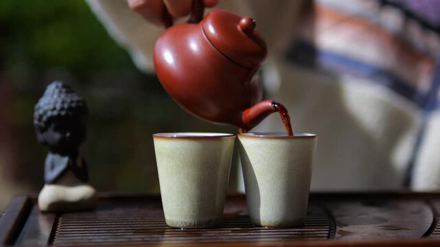 Close up of a hand pouring hot black tea from a traditional clay teapot into two ceramic cups, part of a peaceful and meditative outdoor oriental gongfu cha tea ceremony in a sunny garden