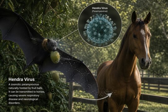 Conceptual illustration showing hendra virus transmission from a flying fox bat to a horse through contaminated hay or feed, representing zoonotic spillover and biosecurity