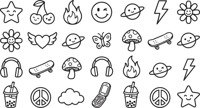 Cute Y2K Doodle Icon Set Vector Illustration