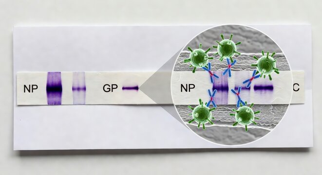 Plastic lateral flow immunoassay test cassette (rapid test) with a control line and positive test line, representing point-of-care virus detection