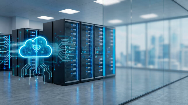 A view of a data center showing multiple storage devices lined up. Cloud technology graphics are displayed on a glass wall. This scene takes place in a bright office space during the day