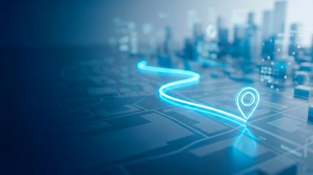 A digital map displays a glowing marker indicating a location. A blue line curves across the map, leading through a city filled with tall buildings and bright lights at night