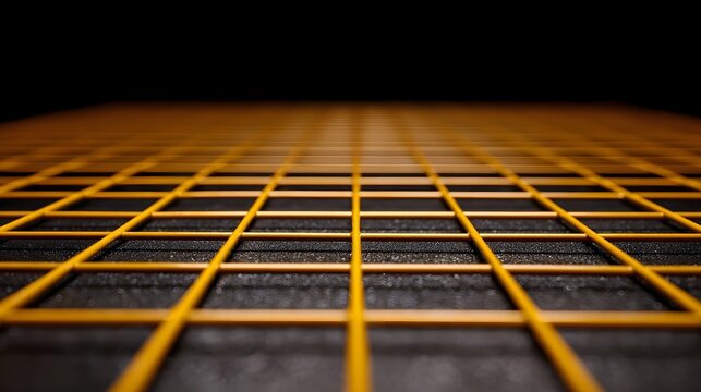 A structured grid pattern of glowing yellow lines receding into a dark abstract digital background symbolizing technology and data flow