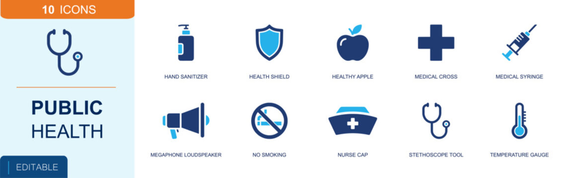 Public health icon set. Containing hand sanitizer, health shield, healthy apple, medical cross, syringe, no smoking, nurse cap, stethoscope, thermometer and more. Solid fill vector icons.