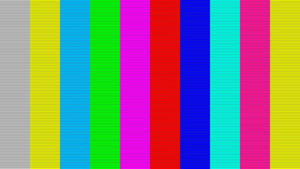 Retro CRT television SMPTE color bars test pattern with glitch effect. Vintage broadcast no signal screen and distorted VHS error background. CRT monitor noise texture, Glitchy TV color, interruption. © Vinay