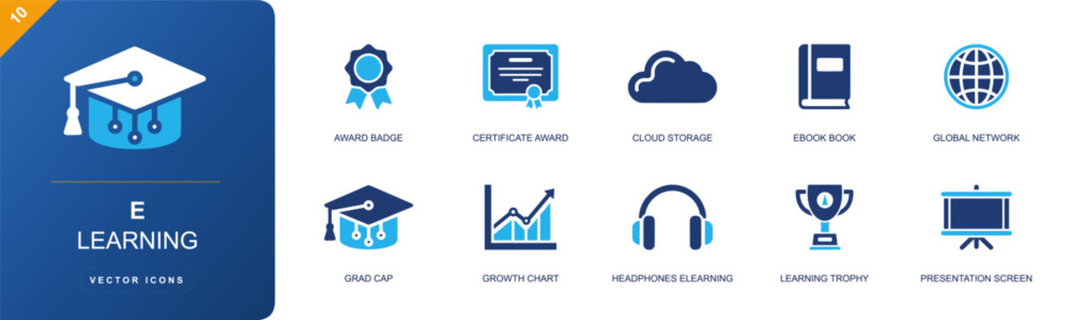 E learning icon set. Containing award badge, certificate, cloud storage, ebook, network, grad cap, headphones, learning trophy, presentation screen and more. Solid fill vector icons.