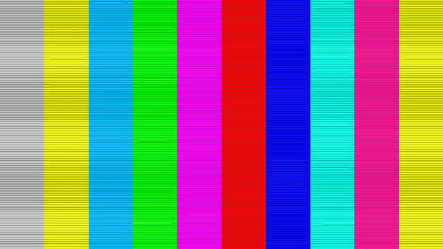 Retro CRT television SMPTE color bars test pattern with glitch effect. Vintage broadcast no signal screen and distorted VHS error background. CRT monitor noise texture, Glitchy TV color, interruption.