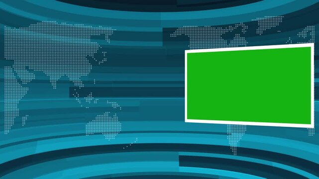 World map background with news presenter table with green screen. Breaking News Modern Virtual Studio Set. Breaking News frame on green screen breaking news background 