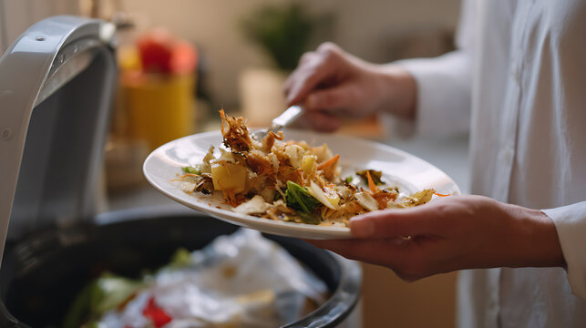 Person discard food waste into a compost bin, promoting eco-friendly habits and sustainable living. Focus on hands and organic matter disposal