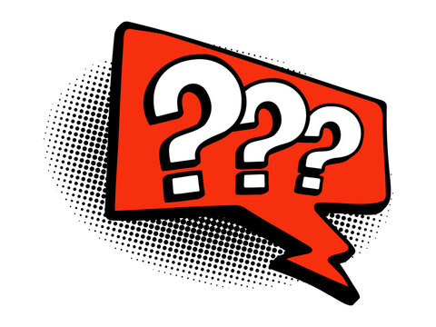 Comic style speech bubble stickers with question marks and halftone shadows. Bright pop art design with bold colors. Perfect for messaging, stickers, comics, social media and design elements.