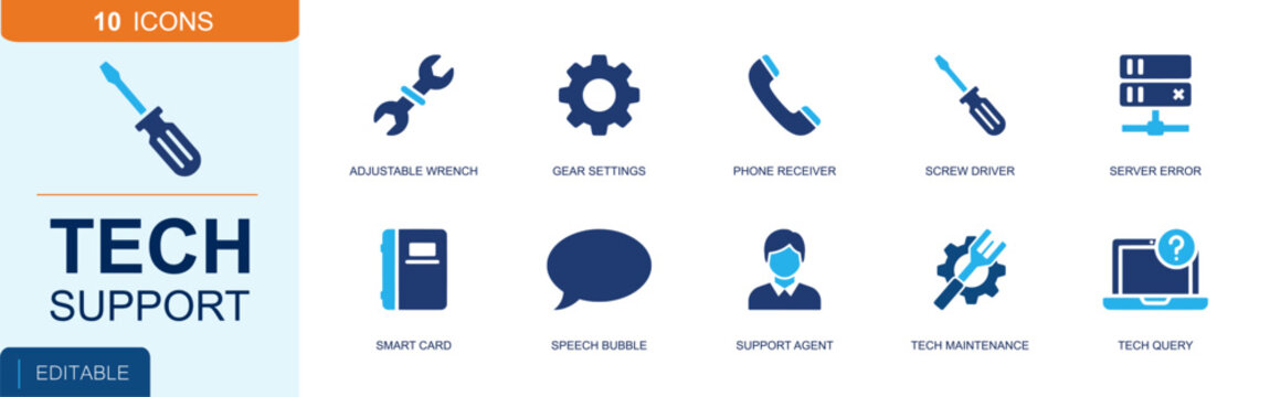Tech support icon set. Containing wrench, gear settings, phone receiver, screwdriver, server error, smart card, speech bubble, support agent, laptop query and more. Solid fill vector icons.