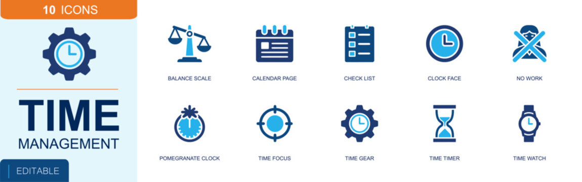Time management icon set. Containing balance scale, calendar page, checklist, clock face, time focus, time gear, hourglass, wrist watch, task timer and more. Solid fill vector icons.