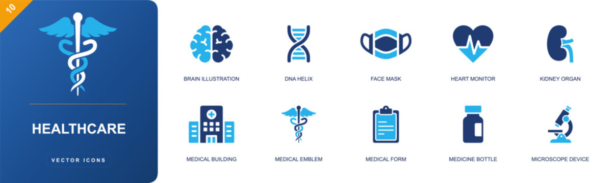 Healthcare icon set. Containing brain, DNA helix, face mask, heart monitor, kidney organ, hospital, medical emblem, medical form, medicine bottle and more. Solid fill vector icons.
