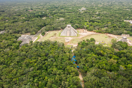 Aerial view of Chichen Itza pyramids, Mexico.