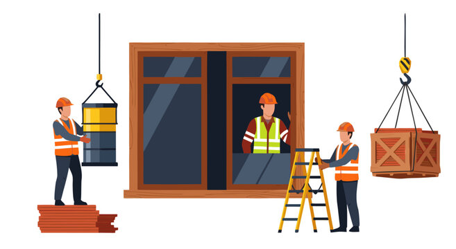Construction workers installing vector illustration of heavy crates and window at building site with crane