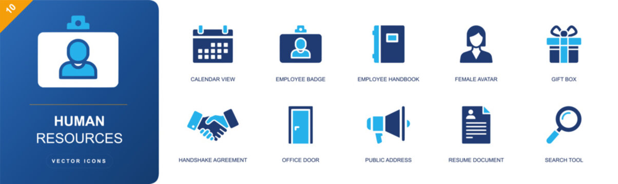 Human resources icon set. Containing calendar, employee badge, handbook, female avatar, gift box, handshake, office door, resume file, search tool and more. Solid fill vector icons.