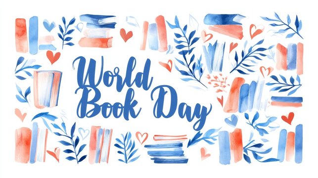 Watercolor artwork celebrating World Book Day with an arrangement of books, hearts, and leaves in blue and coral colors, ideal for educational themes