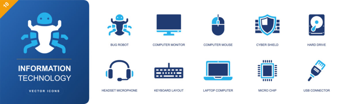 Information technology icon set. Containing bug robot, computer monitor, computer mouse, cyber shield, hard drive, headset, keyboard, laptop, micro chip and more. Solid fill vector icons.
