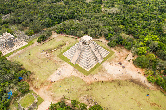 Aerial top down view of Chichen Itza pyramids, Mexico.