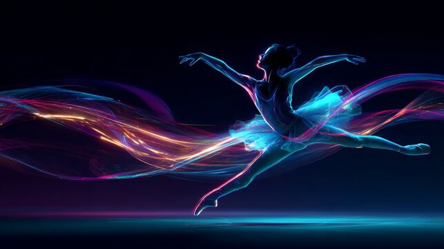 Female ballet dancer leaps gracefully, surrounded by colorful light trails against a dark backdrop, emphasizing movement and artistic expression