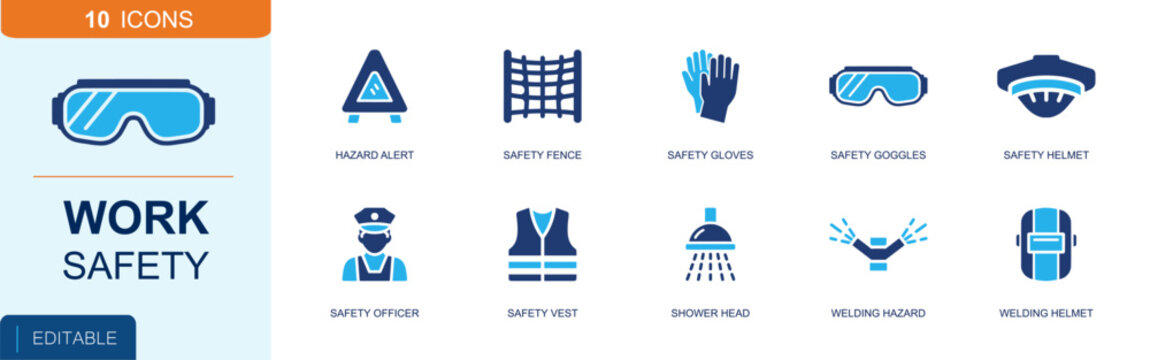 Work safety icon set. Containing hazard alert, safety fence, protective gloves, safety goggles, hard hat, safety vest, shower head, welding hazard and more. Solid fill vector icons.