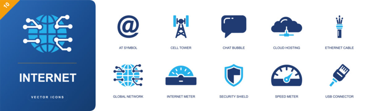 Internet icon set. Containing at symbol, cell tower, chat bubble, cloud hosting, ethernet cable, global network, internet meter, shield, speed meter and more. Solid fill vector icons.