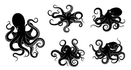Set of black vector silhouettes of octopuses in various swimming poses isolated on white background for marine life and ocean themed graphic design projects © Neoviz Studio