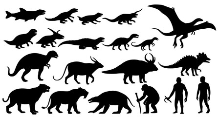 Obraz premium Set of black vector silhouettes of dinosaurs and prehistoric creatures isolated on white background for educational and natural history graphic design projects