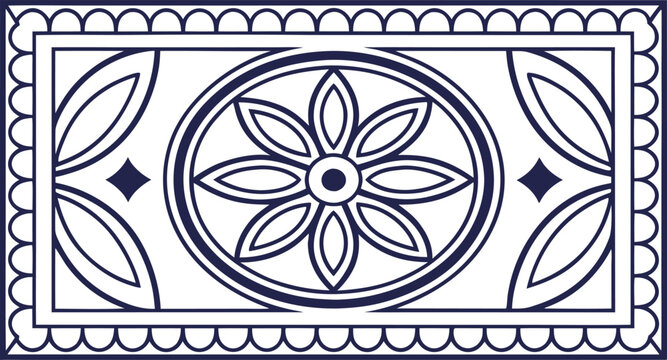 Ethnic floral geometric circular pattern with symmetrical leaf motifs in clean black line