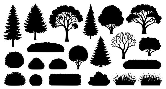 Trees and bushes silhouette vector collection isolated on white background showing various types of forest plants and garden shrubbery for landscape architecture and nature themed design projects