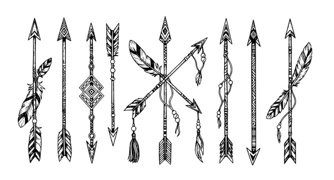 Collection of hand drawn ornate tribal arrows with feathers and geometric patterns isolated on white background for boho and rustic design elements and artistic graphic projects