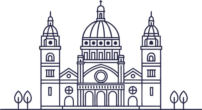 Minimalist cathedral architecture with central dome and twin towers