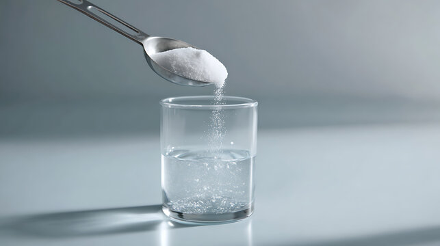 Spoon Pour Powder into Glass of Water: Close-up of dissolving substance, clear beverage, health, nutrition, science, cooking concept