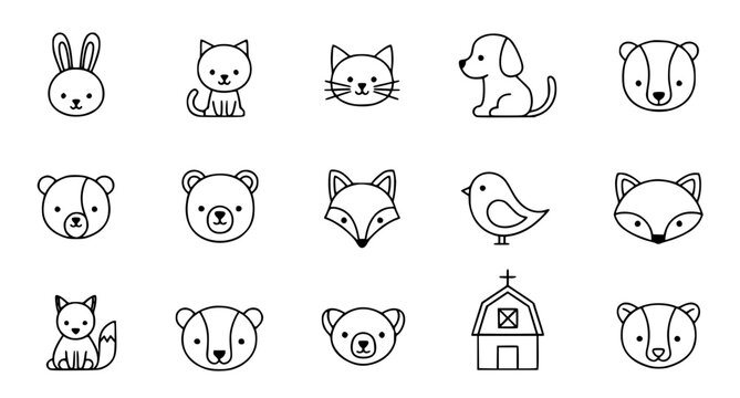 Cute animal head icons with simple line art design for children and educational projects vector illustration isolated on white background for kindergarten logos and nursery wall art concepts