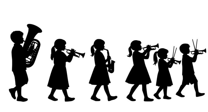 Black silhouettes of children playing musical instruments in a marching band vector illustration isolated on white background for school music programs and educational event branding concepts